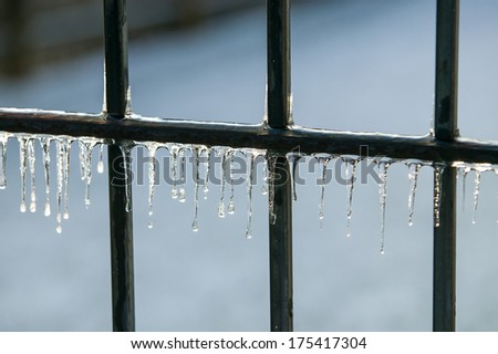 Glazed Iron Fence After Winter Ice Storm, Snow and Frozen Rain, Icicles