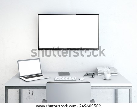 Workplace with table and large screen on the wall. 3d rendering