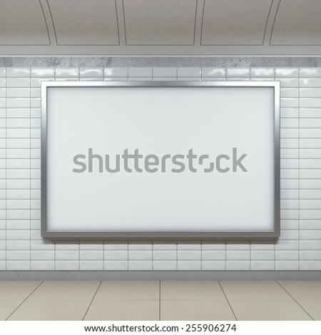 horizontal metal billboard on bright metro station. 3d rendering