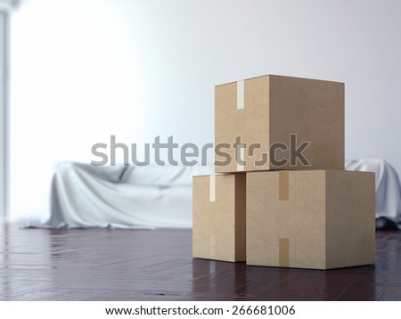 Cardboard moving boxes in interior. 3d rendering