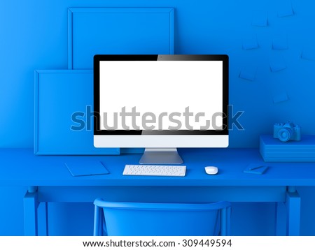 Abstract blue modern workspace. 3d rendering