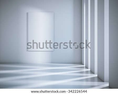 Clear white hall with columns and shadows.