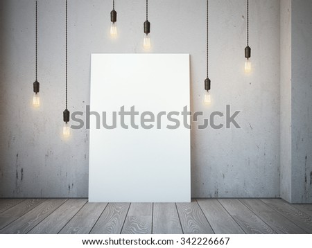 Blank white canvas with glowing bulbs in the loft interior.