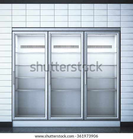 Refrigerator with three doors in the store. 3d rendering