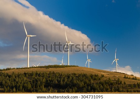 Wind turbine power plant located over a valley. Used for producing green energy from the wind.