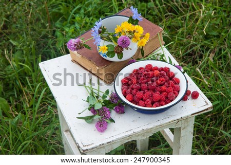 Blue bowl with raspberries, old book and cup with field flowers on the rustic white chair  .
