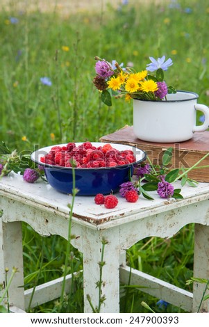 Blue bowl with raspberries, old book and cup with field flowers on the rustic white chair