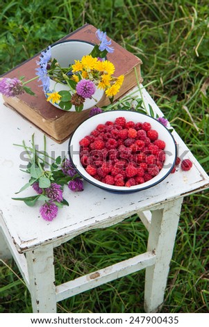 Blue bowl with raspberries, old book and cup with field flowers on the rustic white chair