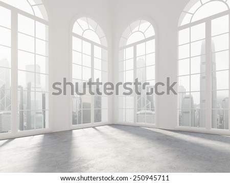 Empty white room with big windows. 3d rendering