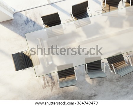 Top view of office table with chairs, conference room, advertising agency, white banner on table. 3d rendering
