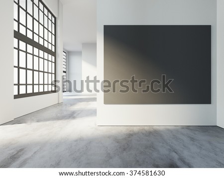 Loft art gallery interior, with black poster, big windows and warm sunlights, concrete floor in empty room. 3d rendering