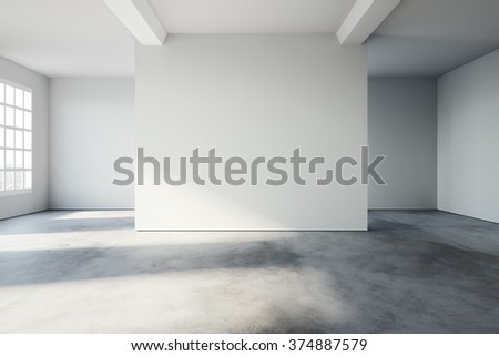 Simply interior in loft style with concrete floor, and white walls. 3d rendering