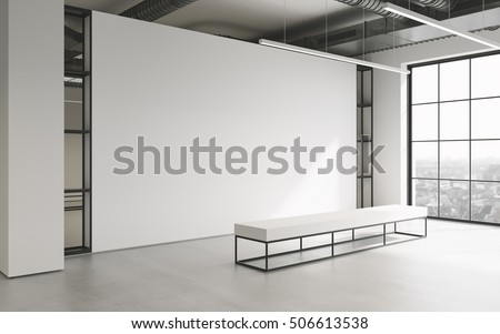 Mockup of light empty exhibition gallery with bench. Concrete floor. Loft design 3d render