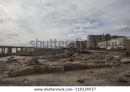 NEW YORK - November 1: Large section of the iconic boardwalk was washed away during Hurricane Sandy in Far Rockaway area October 29, 2012 in New York City, NY