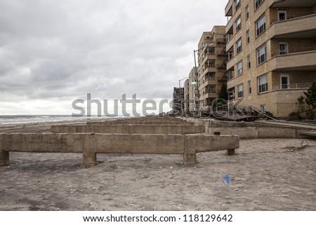 NEW YORK - November 1: Large section of the iconic boardwalk was washed away during Hurricane Sandy in Far Rockaway area October 29, 2012 in New York City, NY