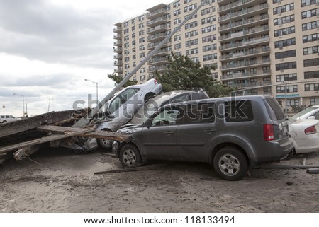 NEW YORK - November 1: Crashed cars after Hurricane Sandy  in the Far Rockaway area  on October 30, 2012 in New York City, NY