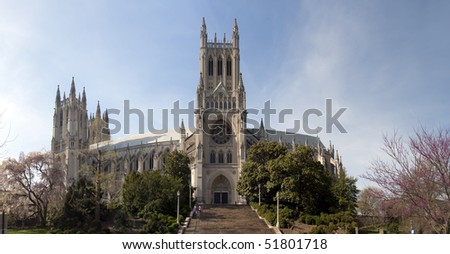 National Cathedral, Washington DC on warm spring day with blue sky