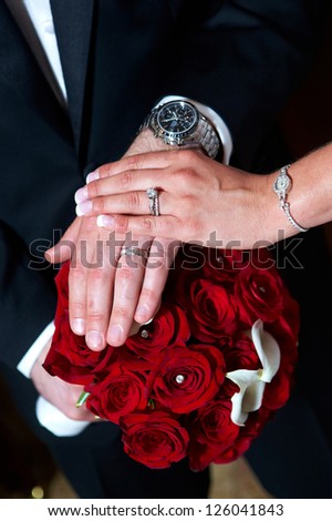 Just Married. Bride and Groom Wedding Rings