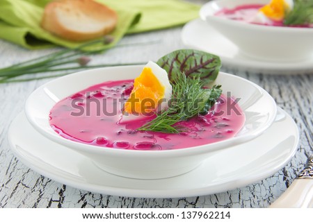 Cold borscht - speciality for hot days. Vegetable cold soup with beetroots.
