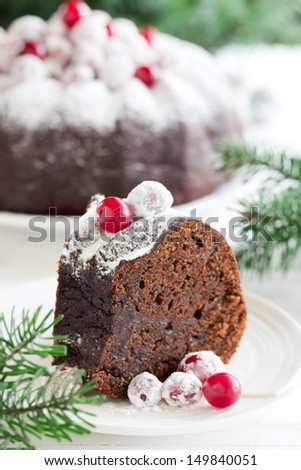 Chocolate cake with cranberries, new year, Christmas.