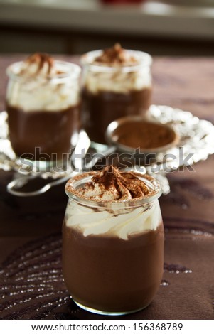 Chocolate mousse with cream.