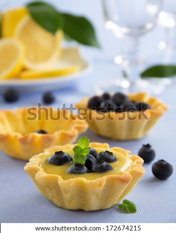 Delicious tarts with lemon cream and blueberries.