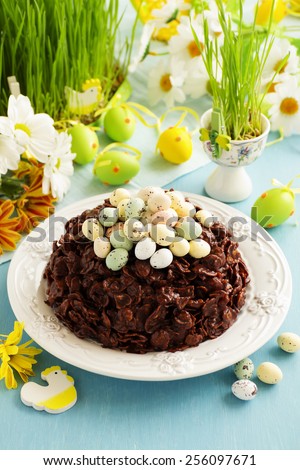 Traditional Easter cake of chocolate with chocolate eggs.