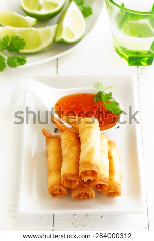 Spring rolls with shrimp with sweet chili sauce. Asian cuisine.