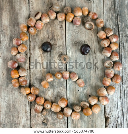 Sad face of acorns on a wooden background