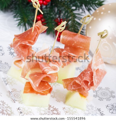 Melon with Prosciutto Snack on Christmas decorated plate