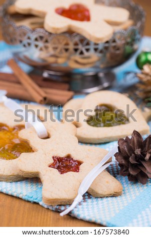 Christmas cookies on ribbons to decorate the Christmas tree