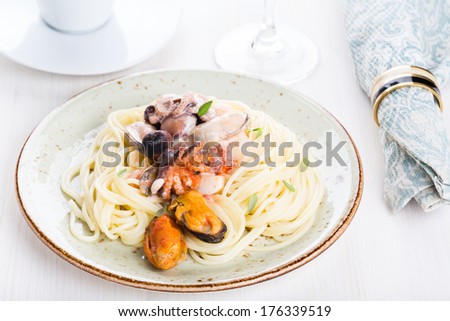 Seafood Spaghetti with Tiger Prawns, Scallops, Mussels, Calamari, Salmon and Tomato Sauce