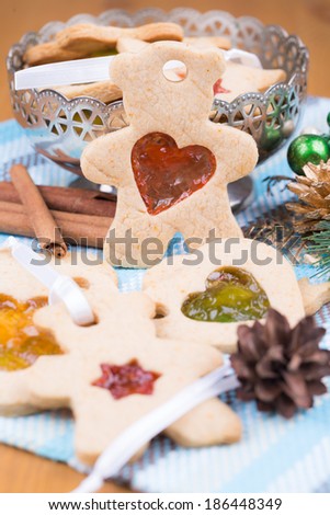 Christmas cookies on ribbons to decorate the Christmas tree