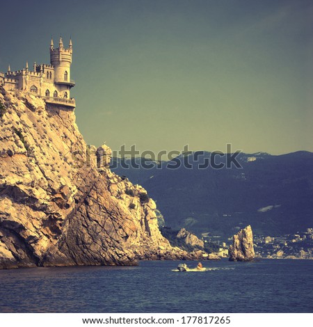 Castle on the cliff by the sea. Swallow\'s Nest Castle Ukraine Crimea mountain