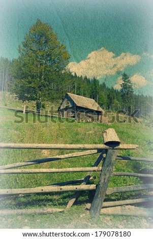 Retro style vintage picture. Mountain village in the Ukrainian Carpathians.