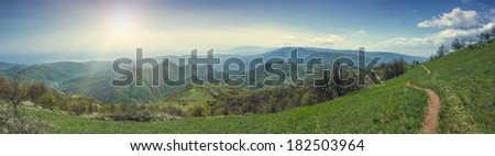 Panorama of spring Crimea mountain valley
