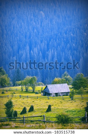 Vintage picture. Lonely wooden house in a mountain forest