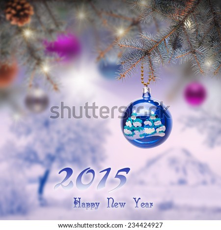 Christmas composition. Fir branches decorated with Christmas toys. Nature New Year background