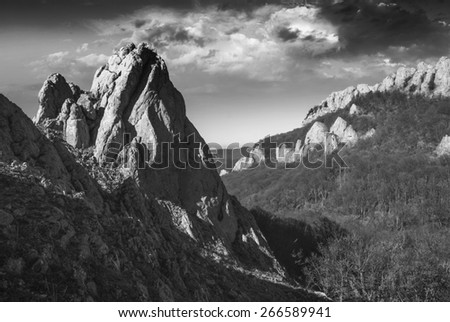 Peak of Crimea rocky mountain. Black and white