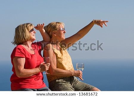 Two Senior Ladies Looking off with a Glass of Wine Camera Against a Blue Sea and Sky Background