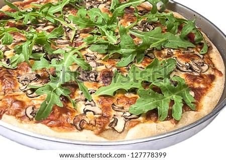 Traditional Italian Pizza with arugula, mushrooms and cheese on baking pizza pan with white background.