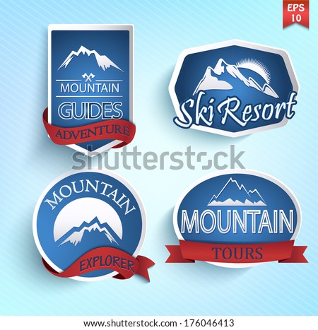Mountain icons set. Mountain climbing. Climber. Ski Resort labels collection. Vector.