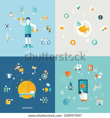 Set of flat design concept icons for web and mobile phone rest and relax, medical, Healthy style life, healthy food and farm fresh concept. Sports Health Infographics, flat style, vector.