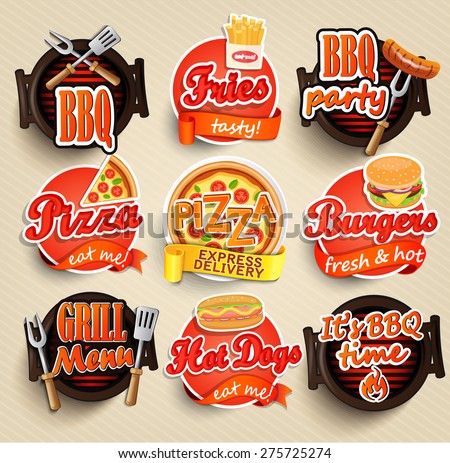 Fast food and BBQ Grill elements, Typographical Design Label or Sticer - burgers, pizza, hot dog, fries - Design Template. Vector illustration.