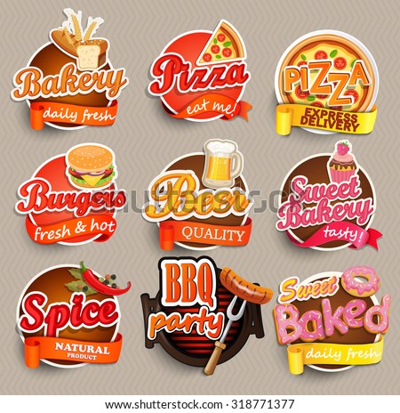 Food and drink elements, Typographical Design Label or Sticker - burgers, pizza, beer, bakery, BBQ, sweet baked, spice - Design Template. Vector illustration.