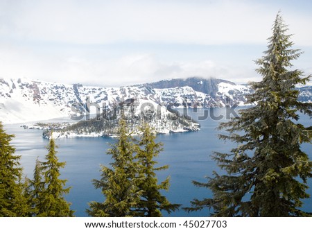 crater lake, Wizard island, snow and pine trees