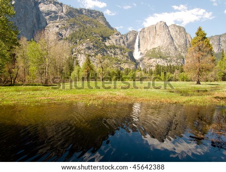 Yosemite Falls, fields and Merced River