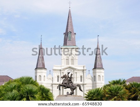 Saint Louis Cathedral and Jackson Square statue of Andrew Jackson in the French Quarter