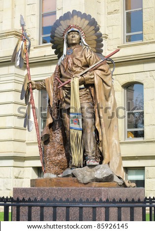 Wyoming State Capitol Building and statue of Chief Washakie, head of the Eastern Shoshones
