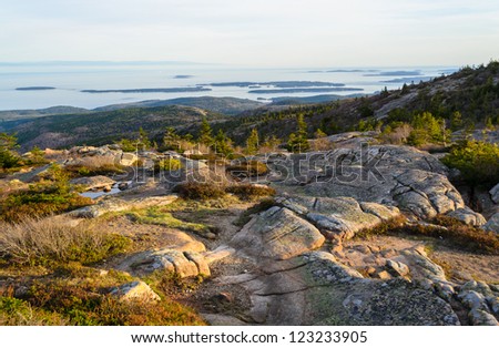 Atlantic Ocean coastal island from Cadillac Mountain in Acadia National Park in Maine